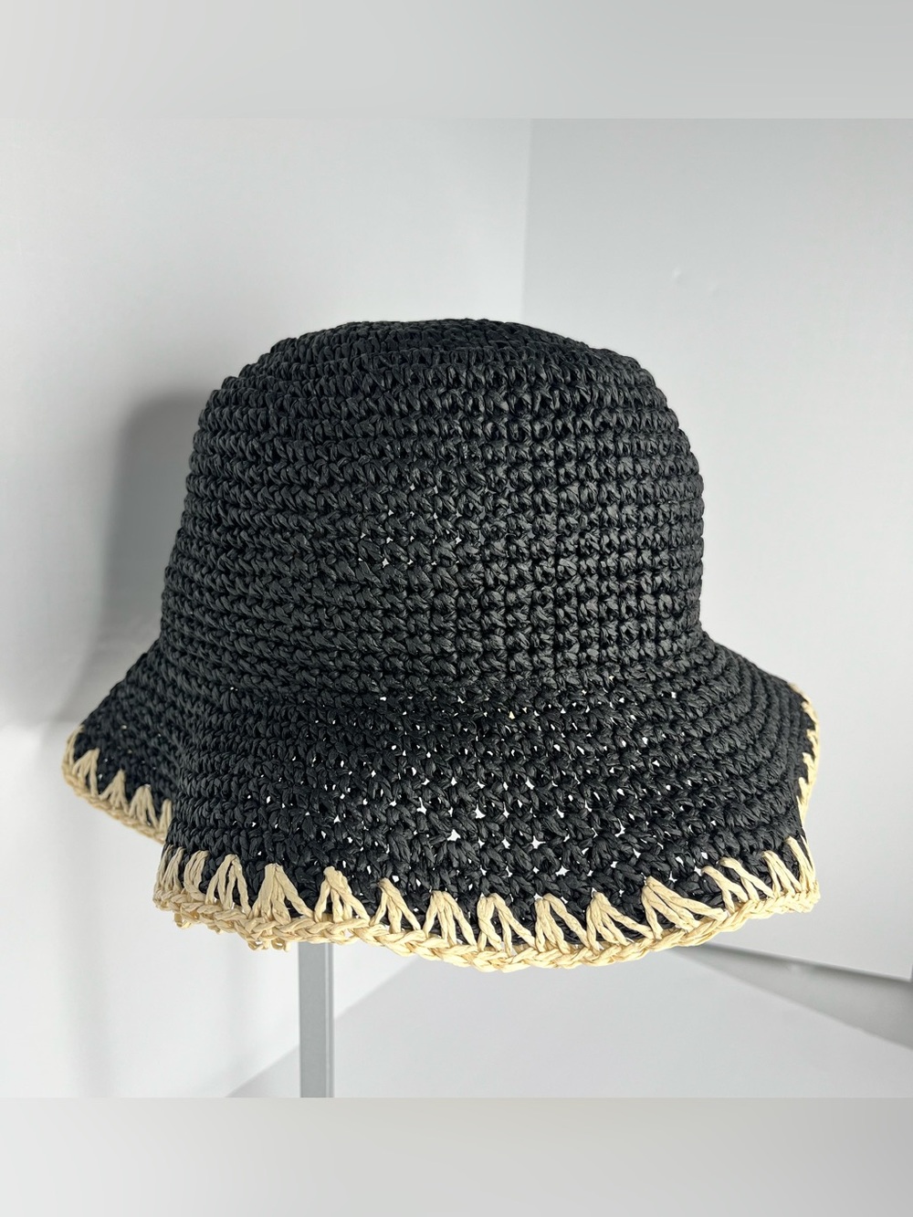 INC International Concepts Black Crochet Bucket Hat with Natural Trim - Picture 6 of 8